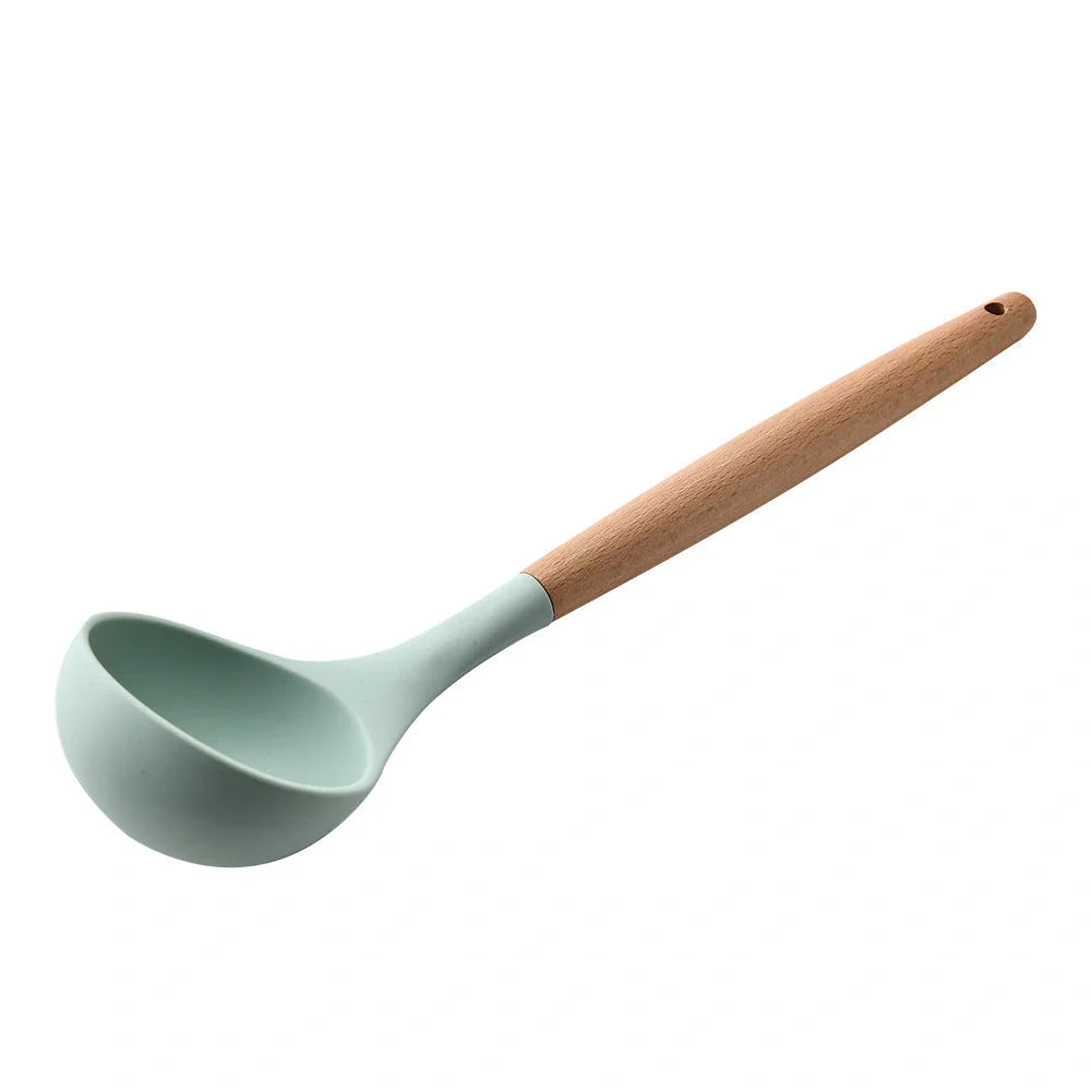 Premium silicone kitchenware set with wooden handle, ideal for cooking and baking