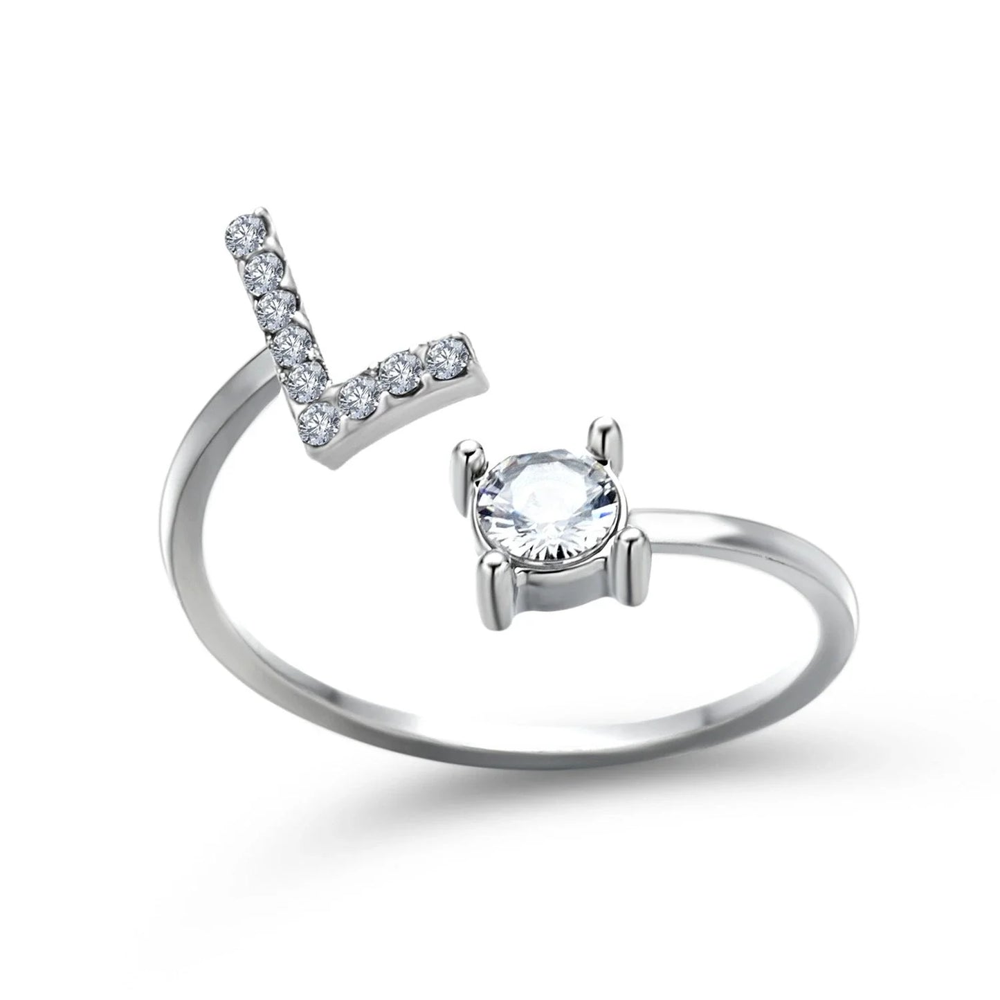 Personalized Initial Letter Crystal Ring with Adjustable Design in Gold, Silver, and Rose Gold Colors