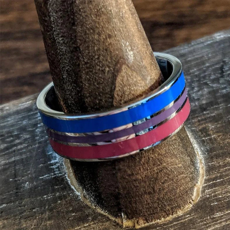 Bisexual pride stainless steel ring in geometric design, available in multiple styles and sizes