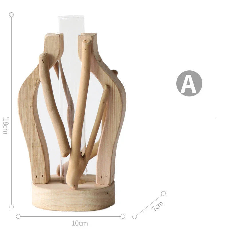 Handcrafted wooden vase with glass container for hydroponic floral displays and home decor