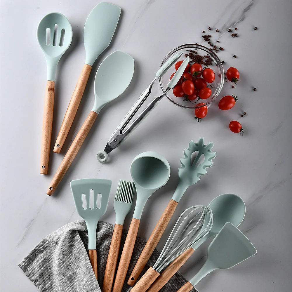 Premium silicone kitchenware set with wooden handle, ideal for cooking and baking