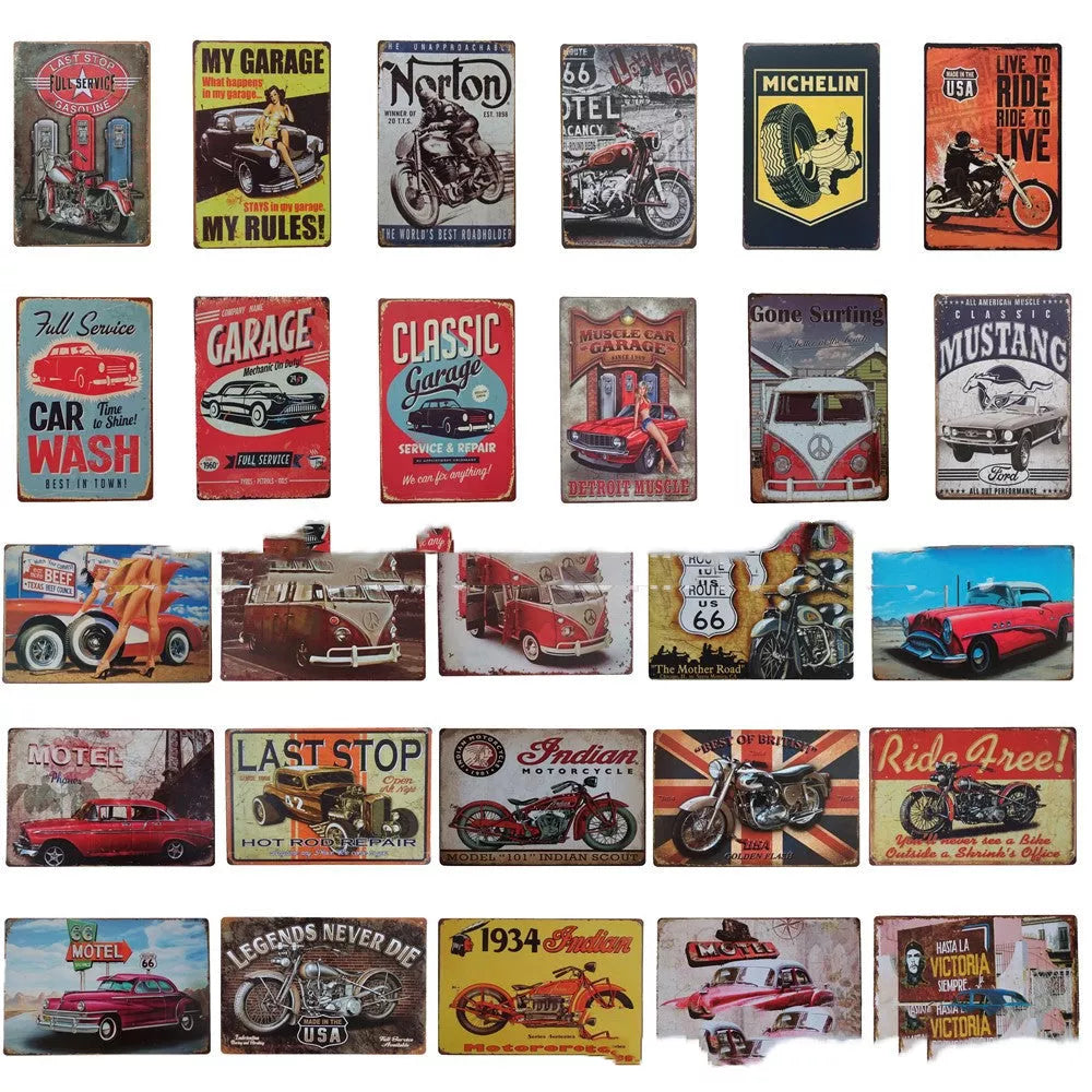 Retro tin painting metal craft with car and motorcycle design, 20*30cm