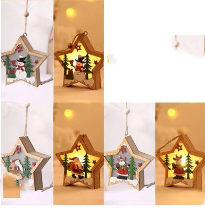 Wooden Christmas ornaments with luminous five-pointed star designs in various festive motifs, including snowmen and deer