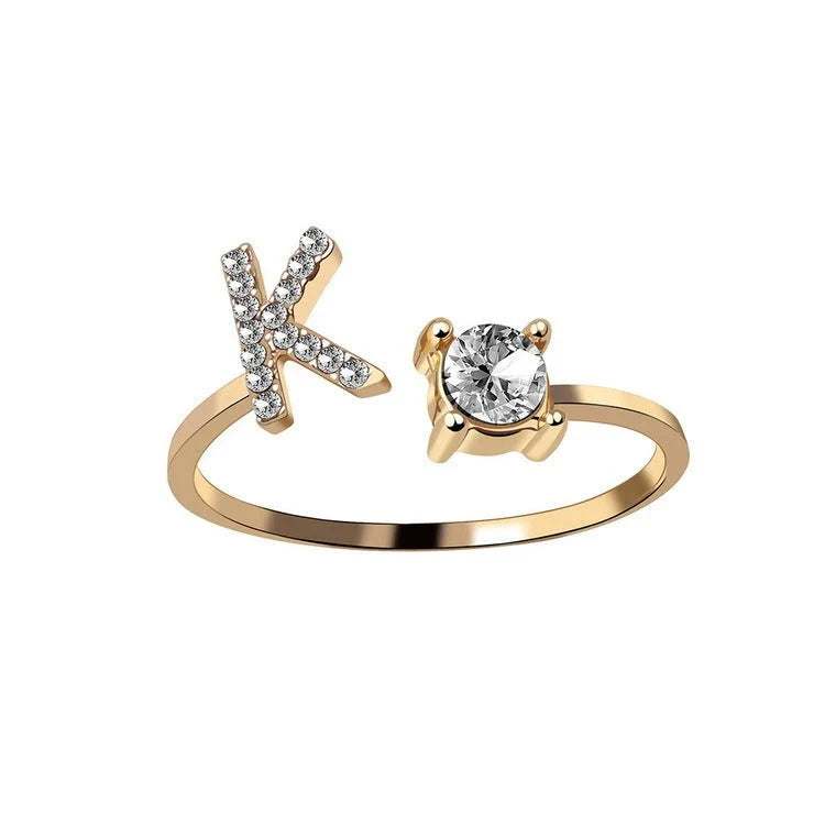 Personalized Initial Letter Crystal Ring with Adjustable Design in Gold, Silver, and Rose Gold Colors
