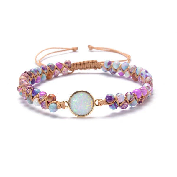 Stylish stone-wrapped bracelets featuring genuine amethyst and opal accents in a braided design
