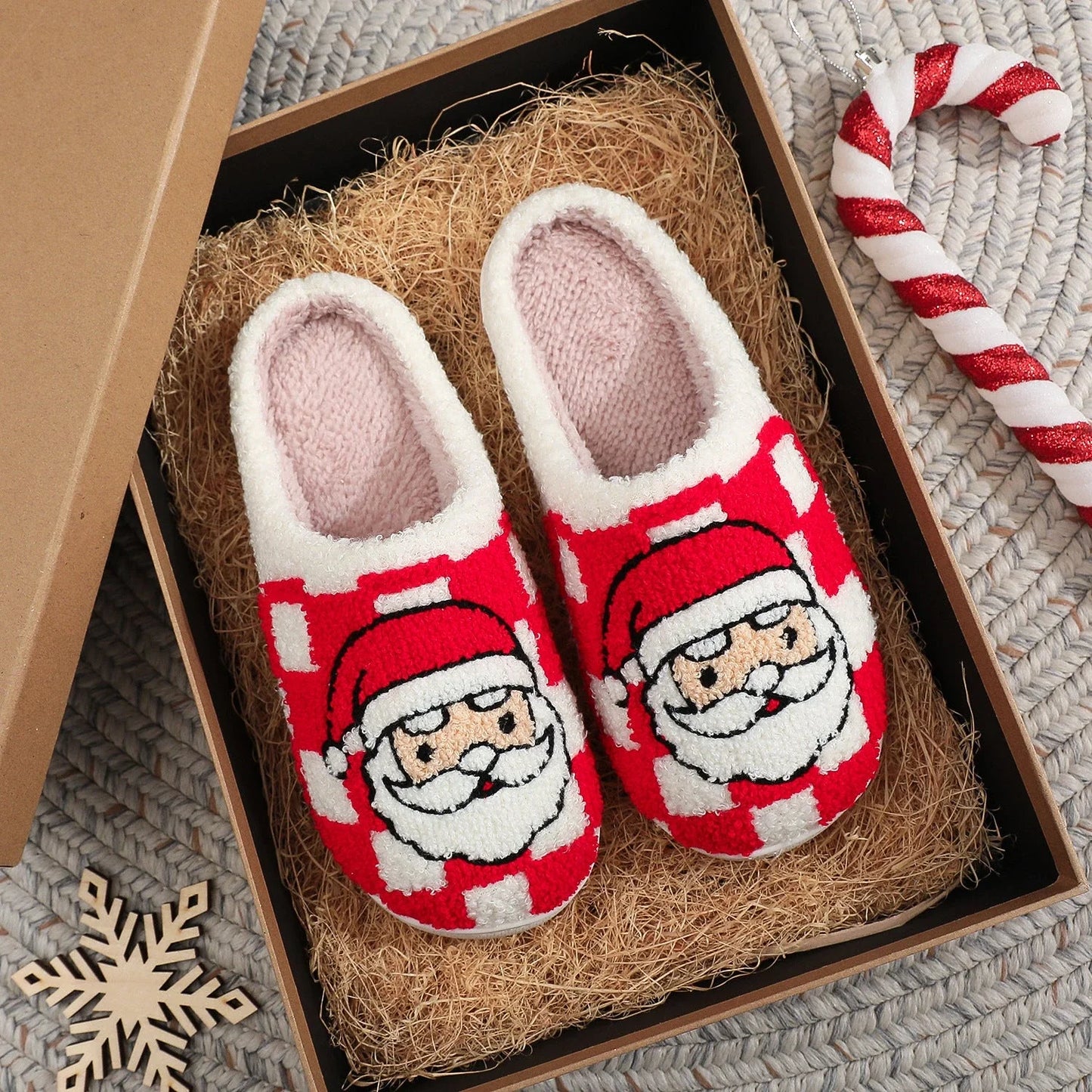 Soft, plush Santa Claus plaid slippers with non-slip soles for cozy indoor wear