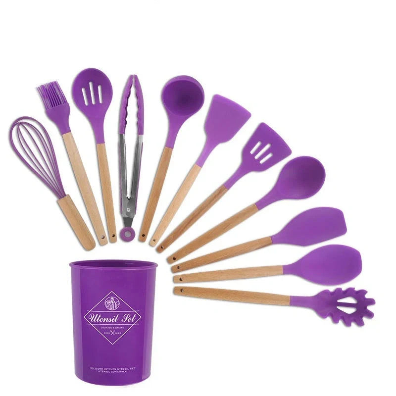 Premium silicone kitchenware set with wooden handle, ideal for cooking and baking