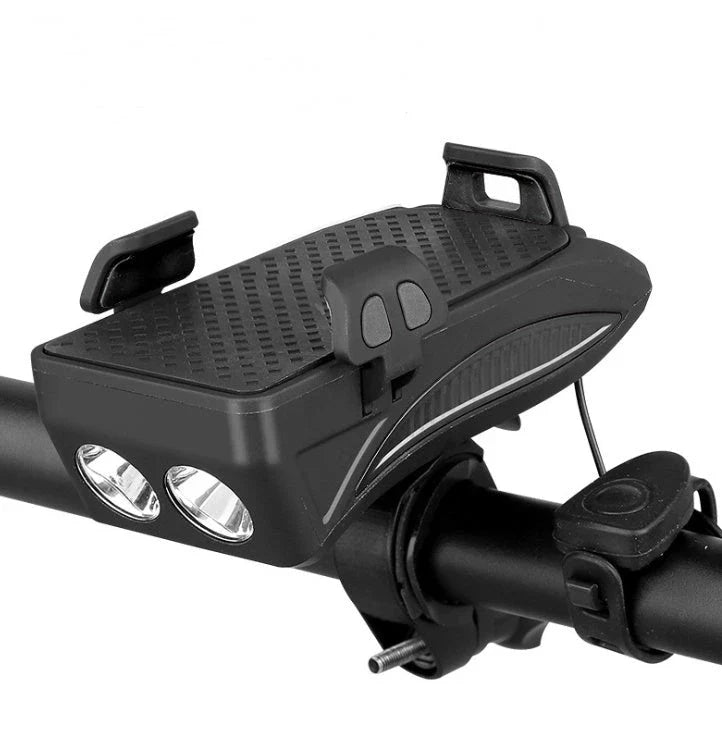 Multifunctional bike mount with horn, lights, and adjustable phone holder for secure storage and charging on the go