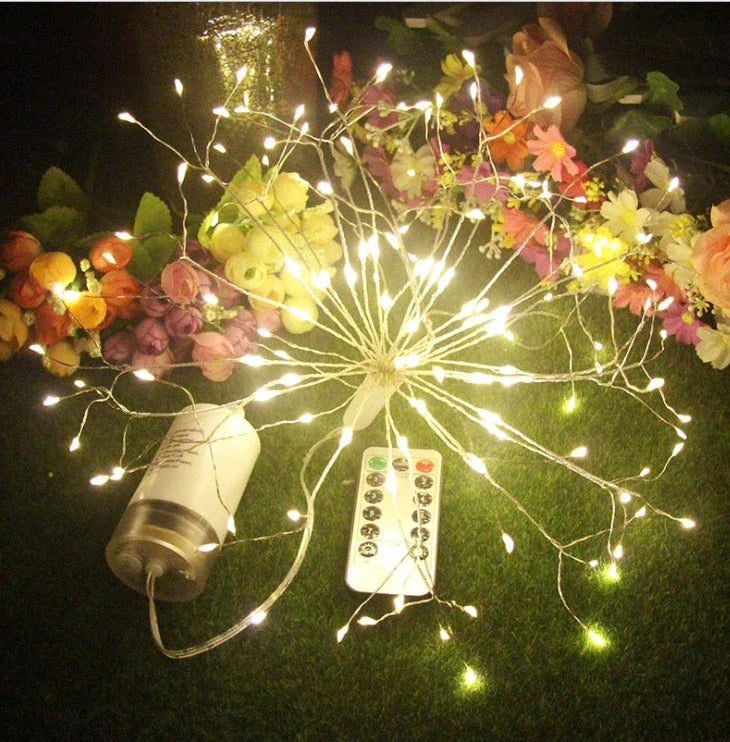 Mesmerizing multicolor LED light string with a fireworks-inspired design, perfect for holiday and party decor.