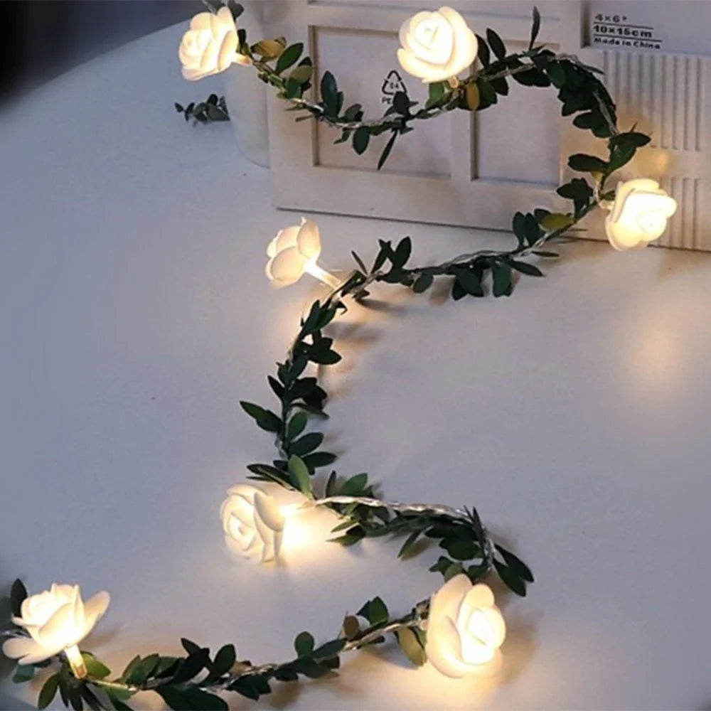 Rose Flower Vine String Lights with Warm White LED Bulbs for Cozy Home Decor