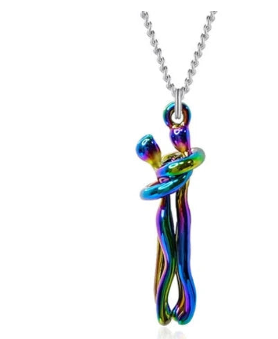 Stylish embracing pendant necklace in various colors, including rose gold, white black, black gold, and more. Minimalist design with a delicate chain.
