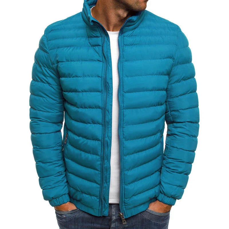 Men's insulated jacket in various solid colors with zipper closure, long sleeves, and pockets