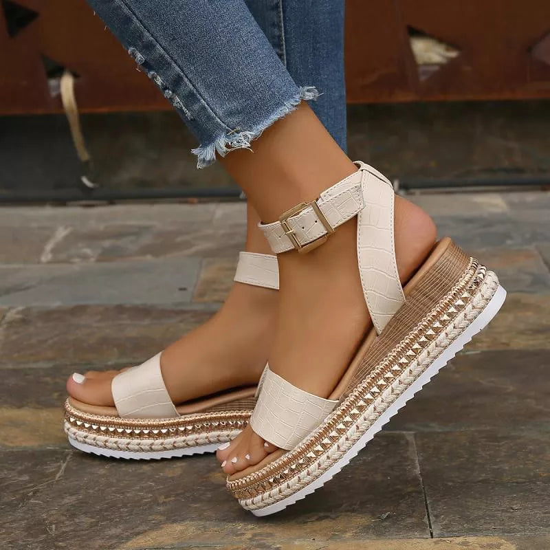 Women's summer sandals with buckle strap and hemp wedges in white, black, and apricot