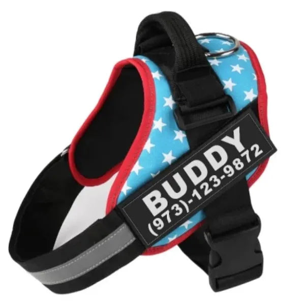 Adjustable reflective nylon dog harness vest with a sturdy handle and chest strap, shown on a size chart.