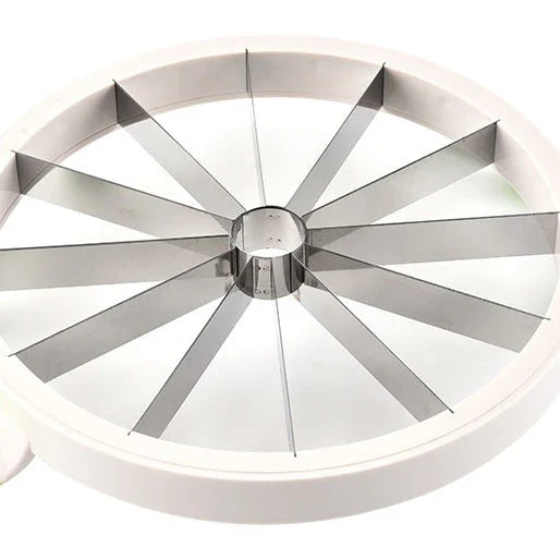 Premium stainless steel watermelon slicer with non-slip handles for quick, safe, and effortless watermelon cutting