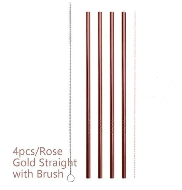 Colourful reusable stainless steel drinking straws with cleaning brush, perfect for eco-friendly sipping.