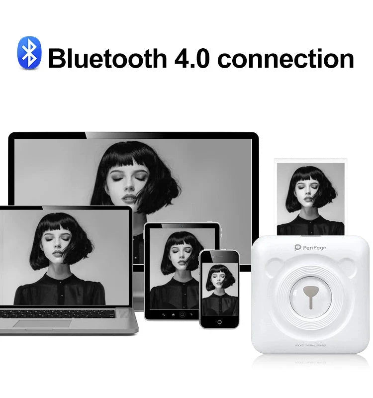 Compact Bluetooth thermal printer for instant photo printing, with wireless connectivity and customizable templates