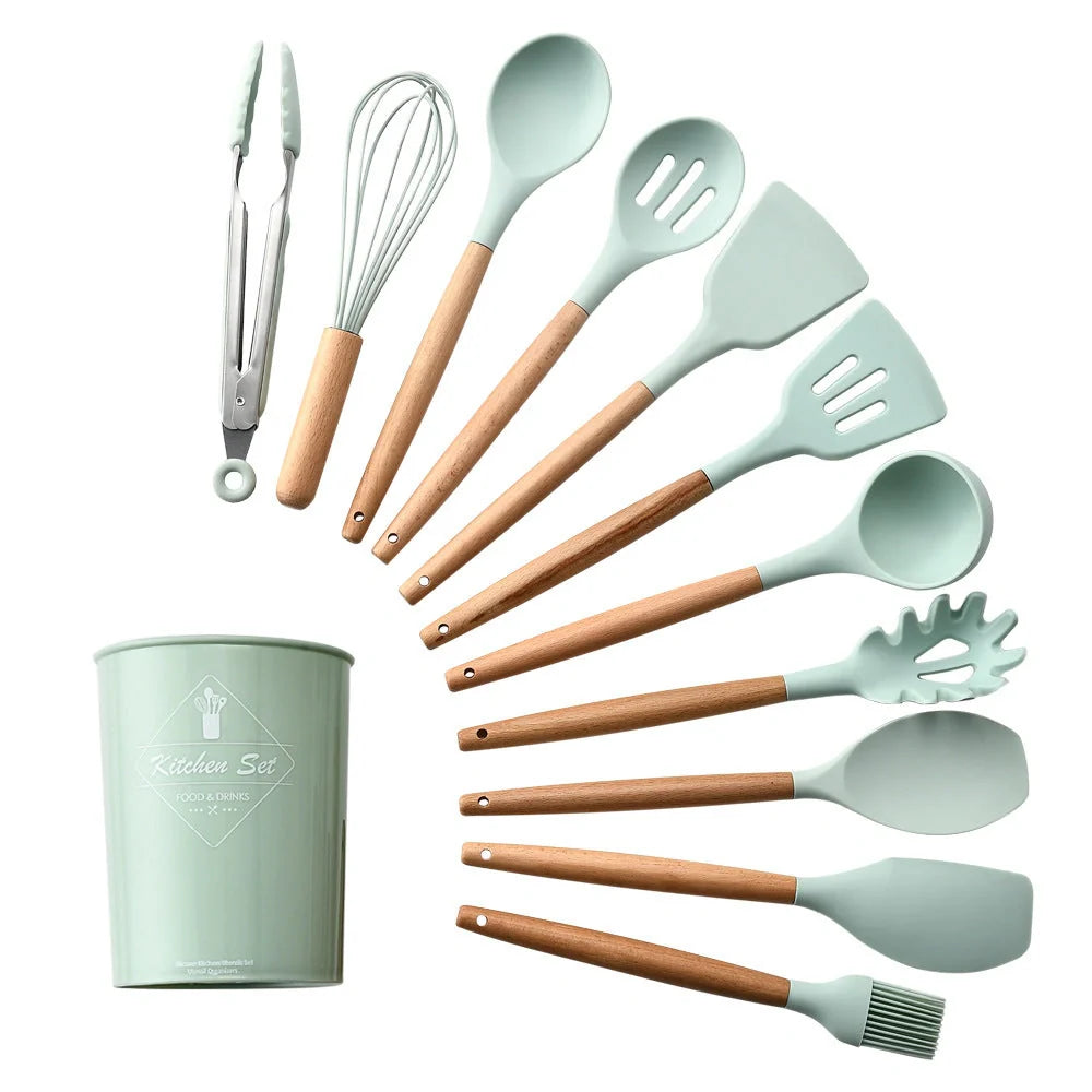 Premium silicone kitchenware set with wooden handle, ideal for cooking and baking