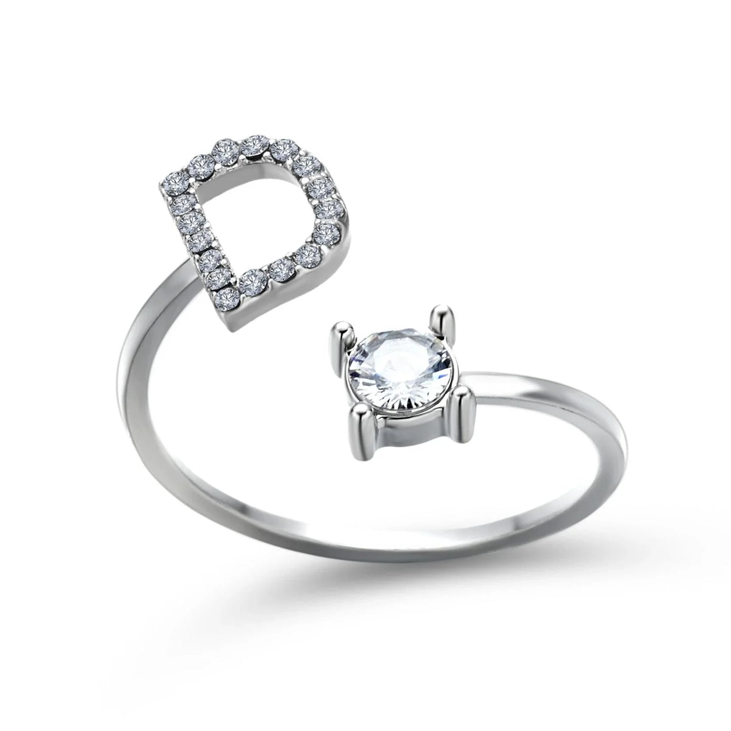 Personalized Initial Letter Crystal Ring with Adjustable Design in Gold, Silver, and Rose Gold Colors