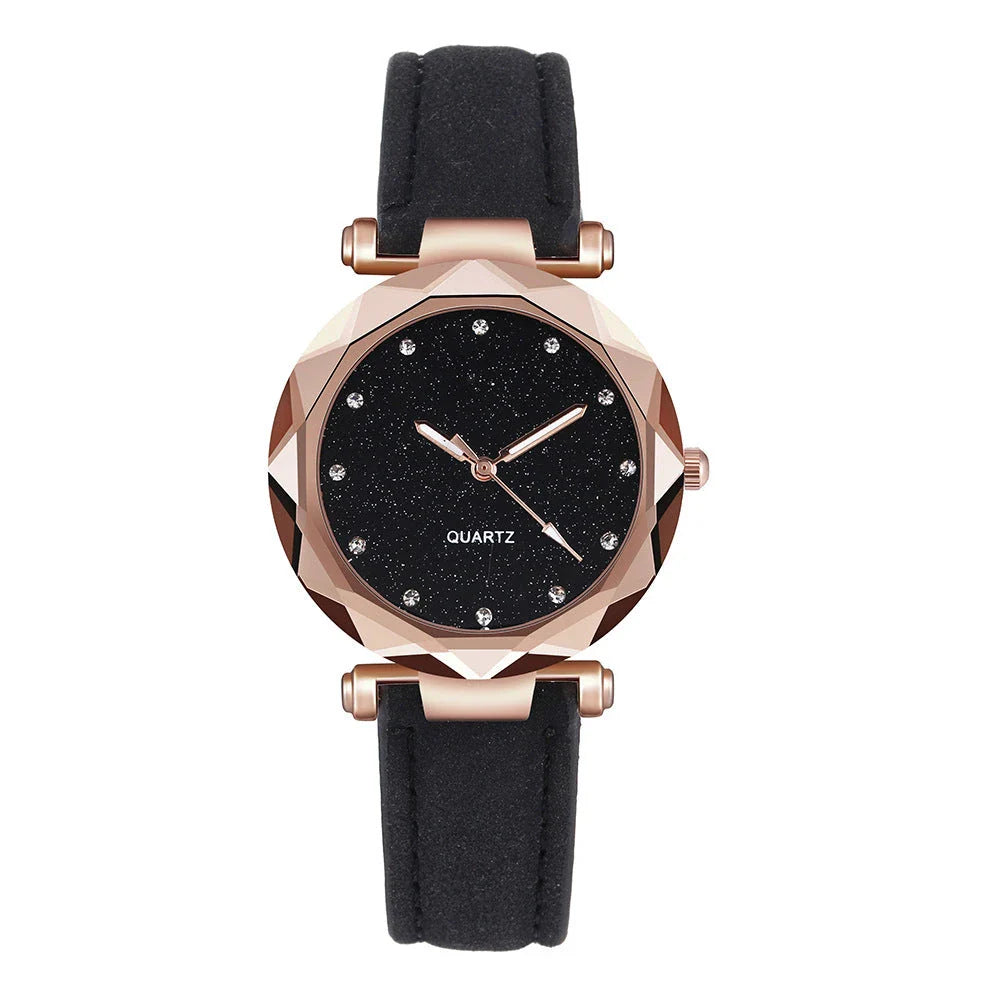 Elegant women's wrist watch with a captivating starry sky dial and leather strap, suitable for any occasion.