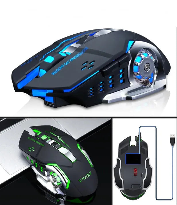 White wireless silent mouse with six buttons on a wooden desk next to a laptop