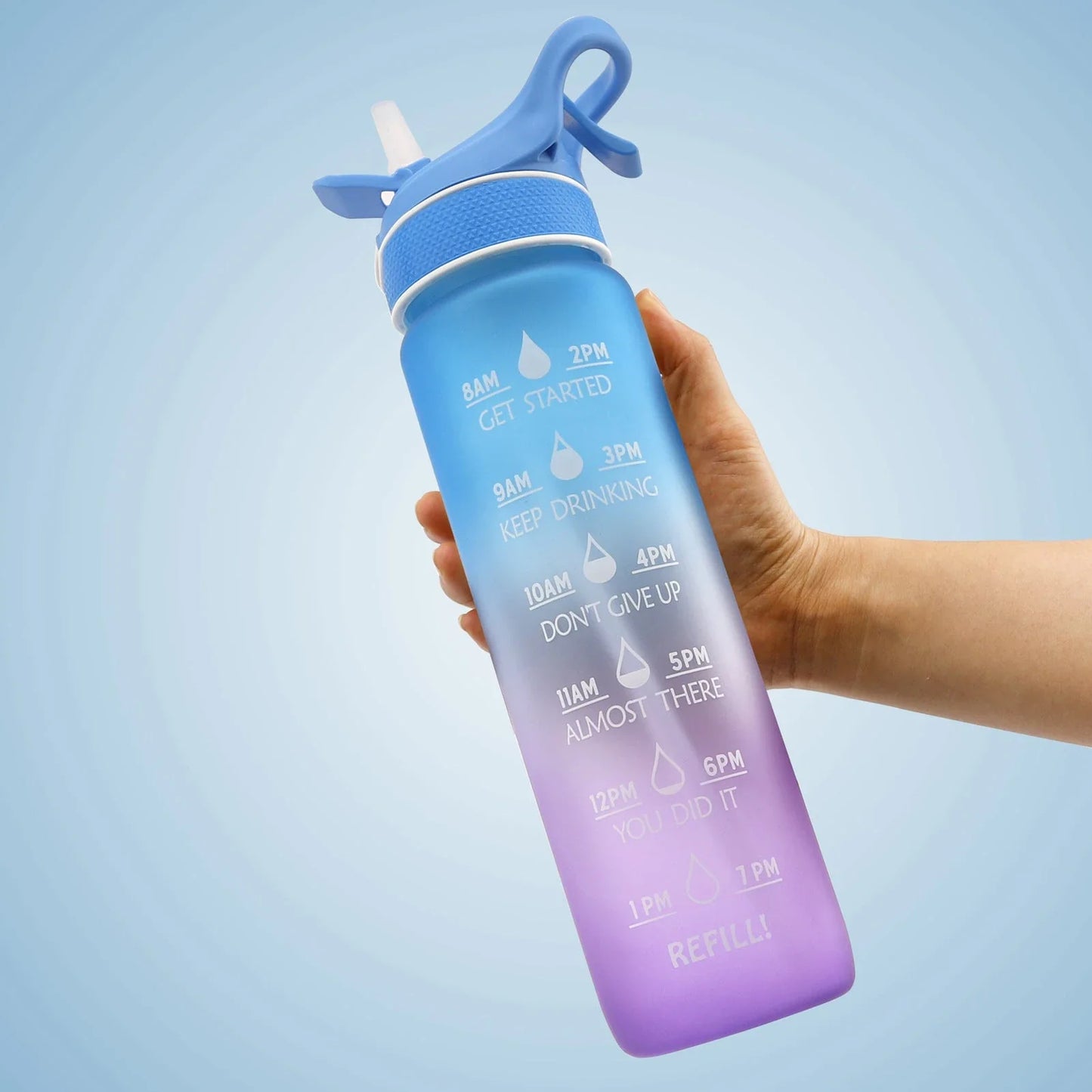Premium sports water bottle with one-touch open cover, straw, and spray function, made of durable Tritan material in vibrant colors for active lifestyles.