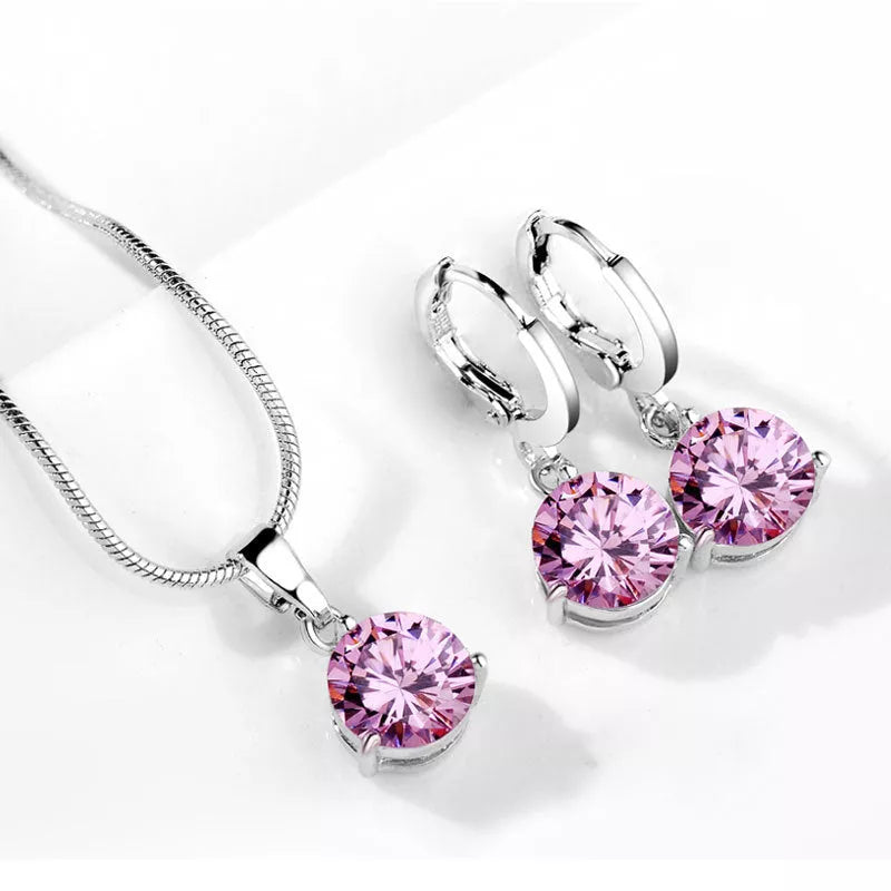 Zircon Water Drop Necklace and Earring Set with unique snake bone chain and mixed gem setting