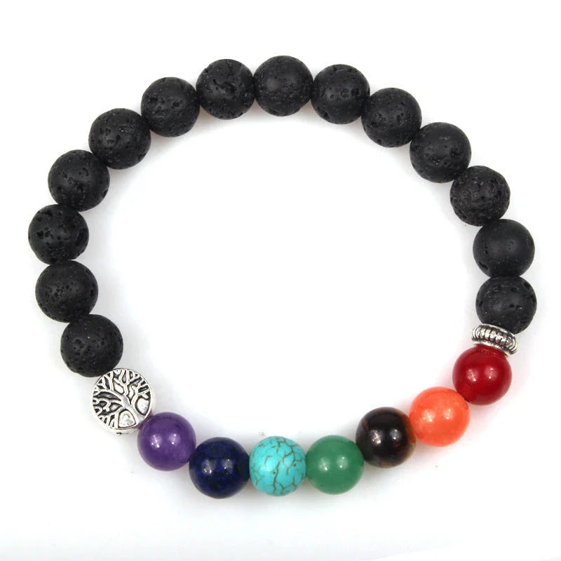 Handcrafted beaded bracelet with seven chakra-representing beads, designed to promote balance and well-being.
