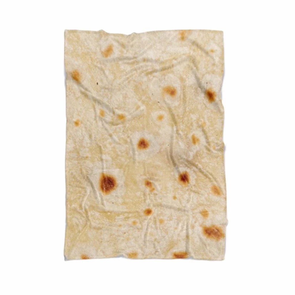 Cozy flannel burrito blankets in round and rectangular shapes, featuring a fun food-inspired design