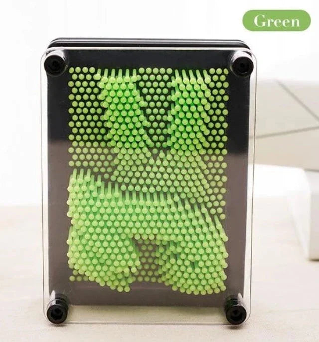 A customizable 3D sculpture impression frame with an array of pins that can capture the contours of any object pressed into it.