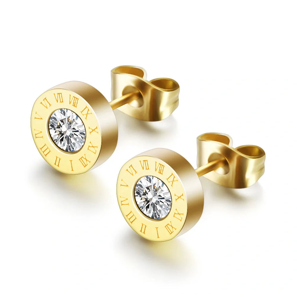 Elegant Roman numeral stud earrings crafted from premium titanium steel with sparkling zircon accents