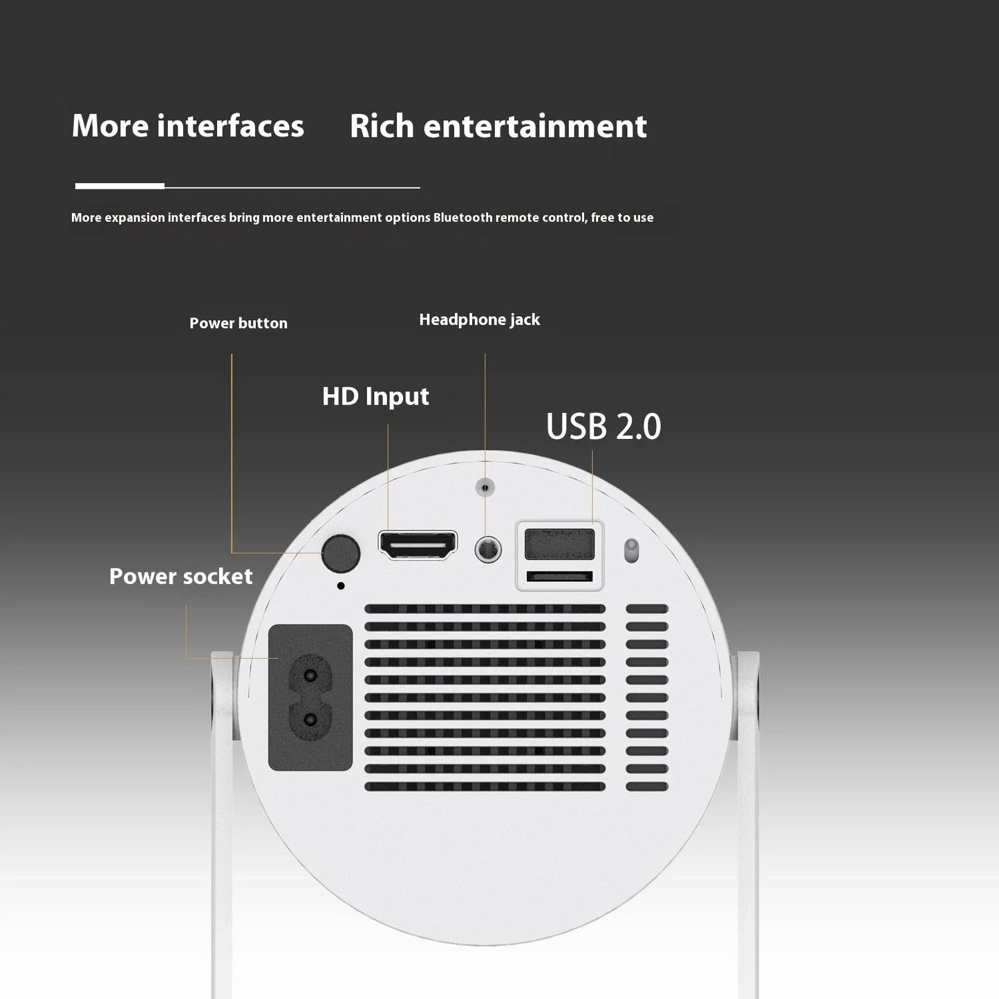 Portable home theater projector with 180-degree rotation, automatic focus, and wireless connectivity for an immersive viewing experience