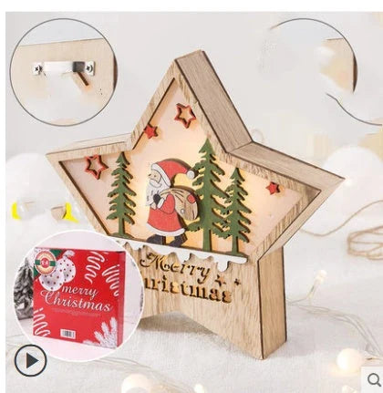 Wooden Christmas ornaments with luminous five-pointed star designs in various festive motifs, including snowmen and deer