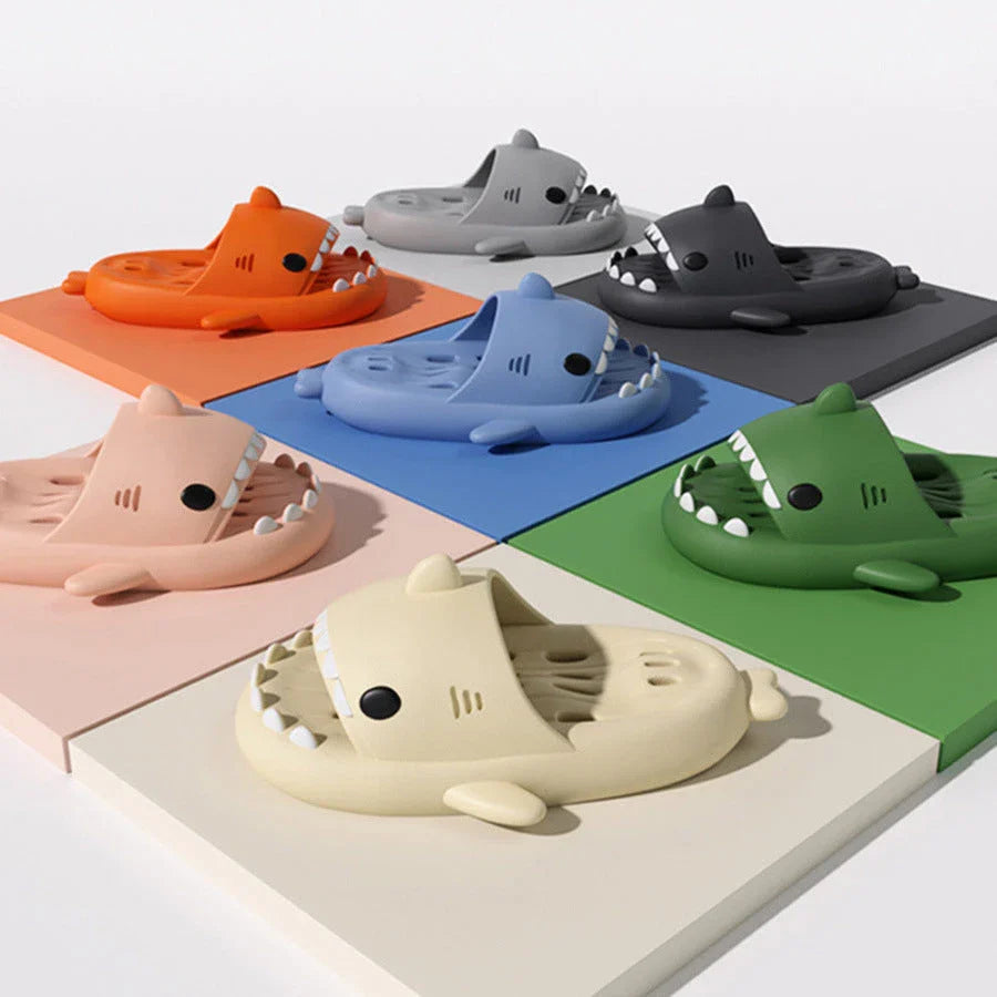 Stylish shark-themed shower slides with drainage holes and non-slip soles, made of lightweight and quick-drying EVA material
