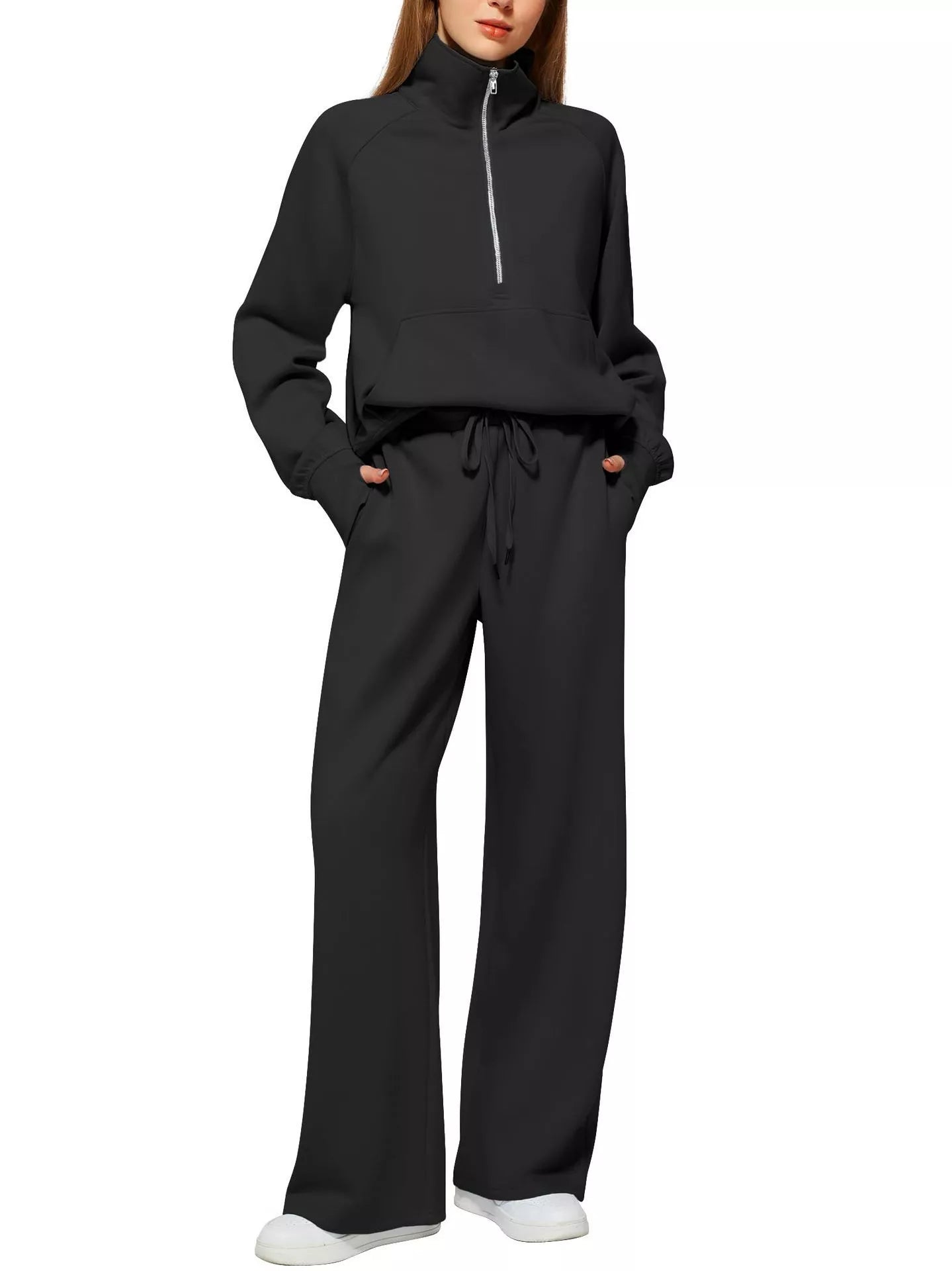 Women's solid colour long-sleeved sweater trousers suit in polyester, available in multiple colours and sizes.