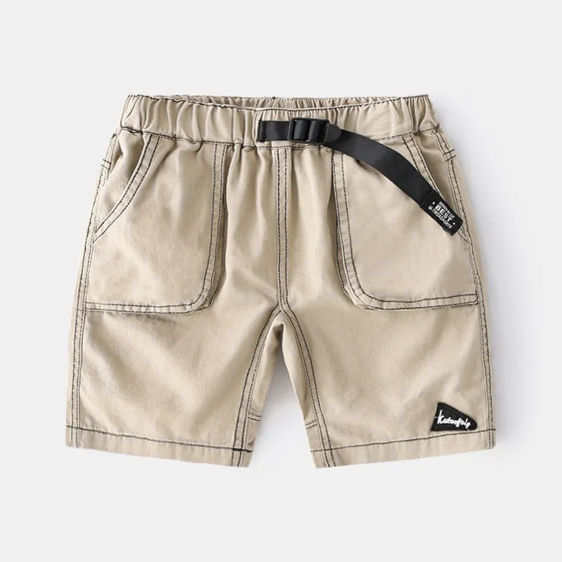 Children's 100% cotton summer shorts with elastic waist and letter print, in white, navy blue or khaki, sizes 90-130cm