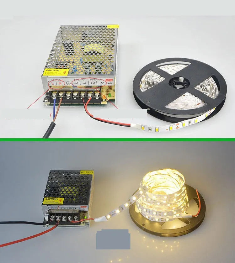 Close-up of flexible white LED light strip with 5050 SMD chips, showing cut points and adhesive backing.