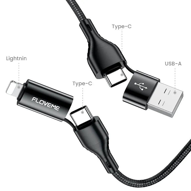 Black nylon braided 4-in-1 fast charging cable with multiple connector types