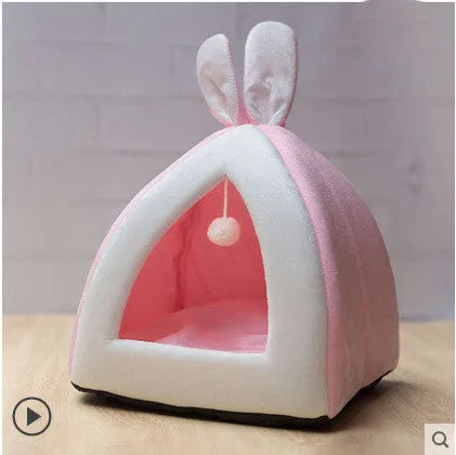 Grey cloth cat house villa bed for indoor use, shown next to size comparison chart.