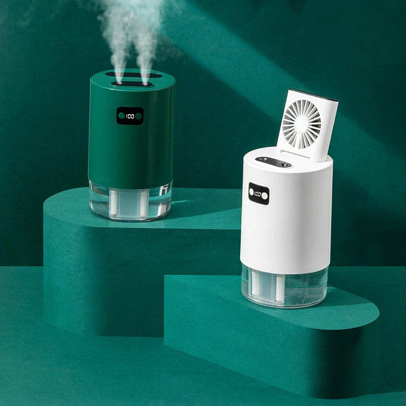 Stylish air humidifier with lifting fan, dual-spray, and digital controls for improved indoor air quality and comfort