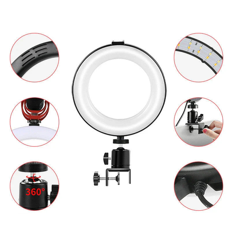 Compact clip-on studio lighting for video conferencing with circular design and adjustable swivel