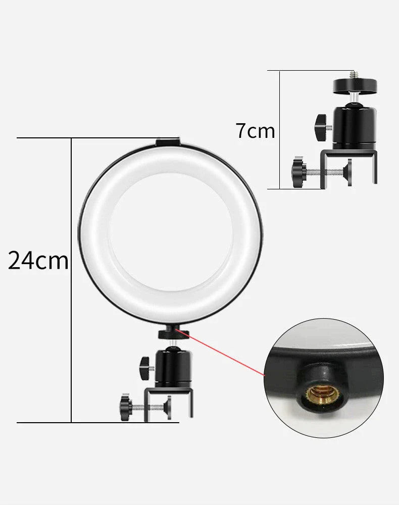Compact clip-on studio lighting for video conferencing with circular design and adjustable swivel