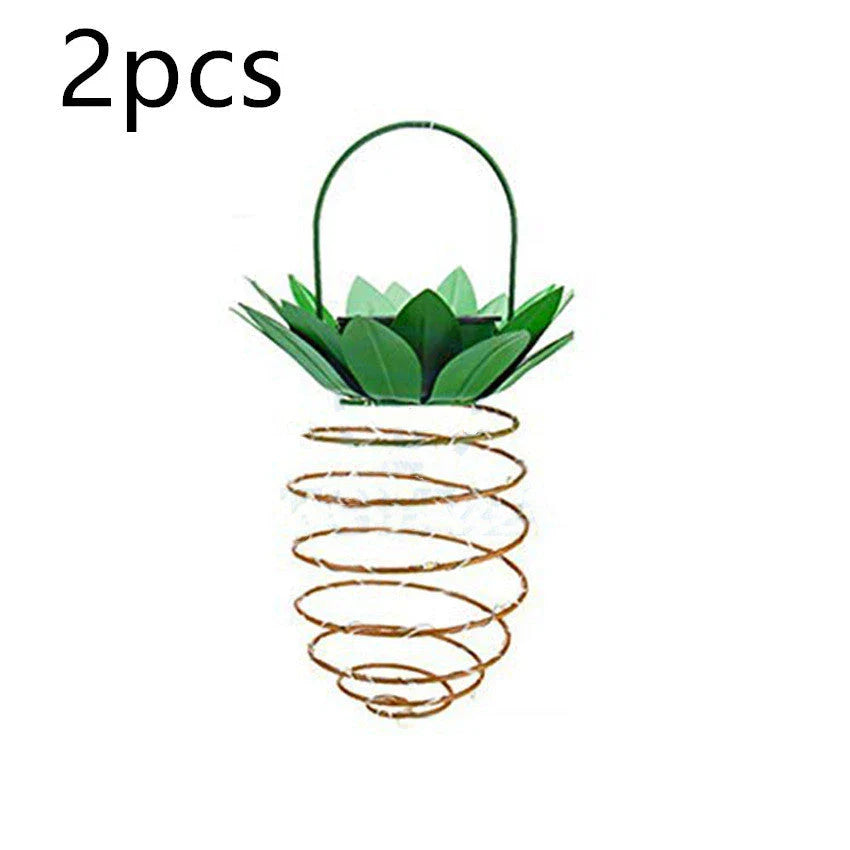 Solar-powered pineapple-shaped outdoor lights with a weather-resistant metal frame and warm white LED bulbs