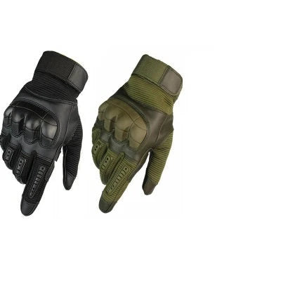 Rugged tactical gloves with reinforced knuckles, durable palm grip, and touchscreen-compatible fingers for outdoor adventures and tactical operations.