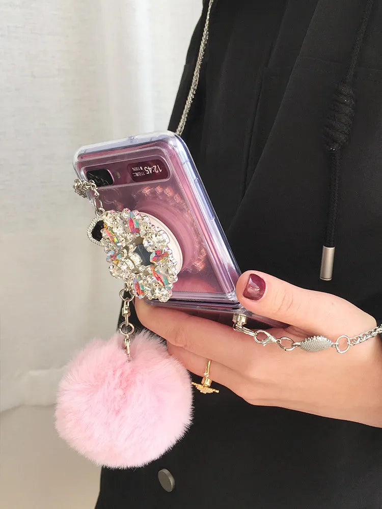 Samsung Galaxy Z Flip folding protective cover with diagonal diamond hair powder hair ball cartoon design