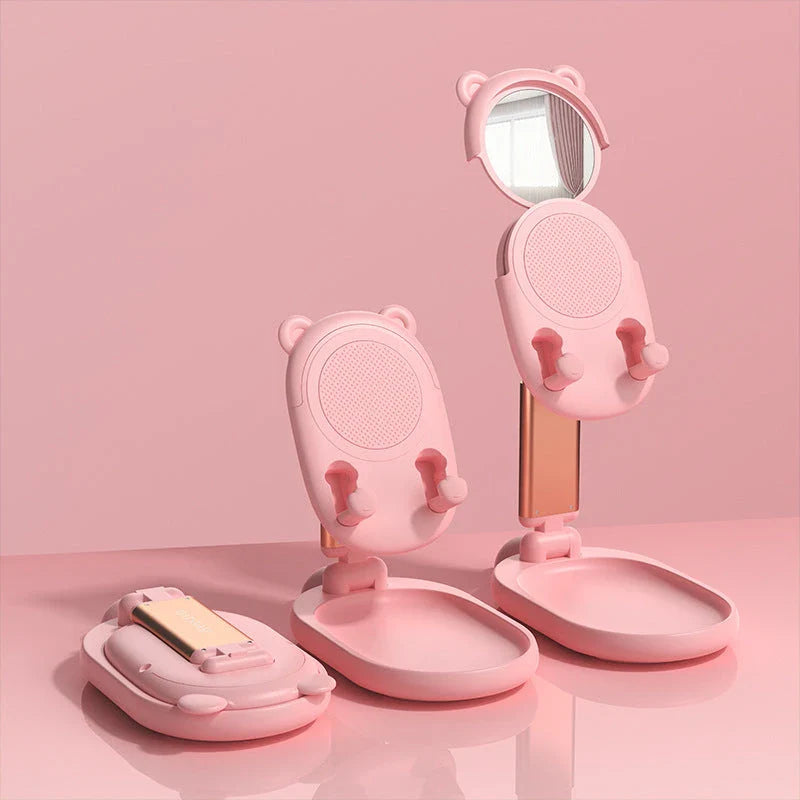 Adjustable phone and tablet stand with integrated mirror, made from high-quality materials for secure and versatile device support