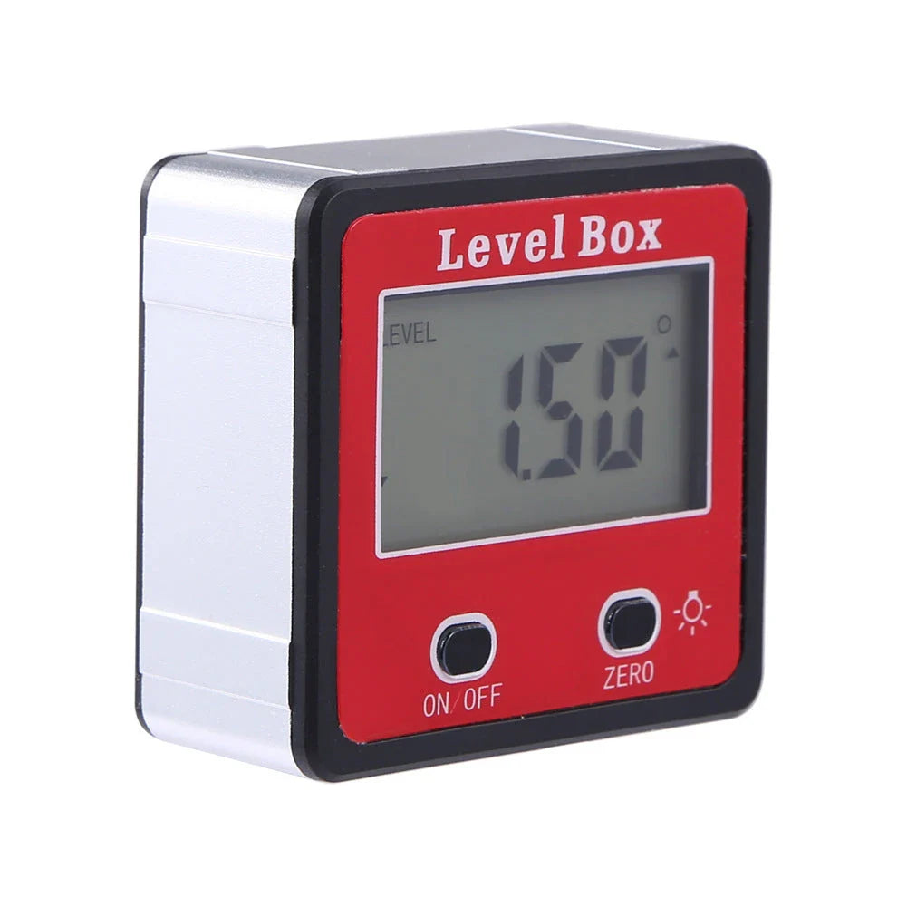 Digital angle finder with large LCD display, magnetic base, and compact, lightweight design for woodworking, construction, and other industries