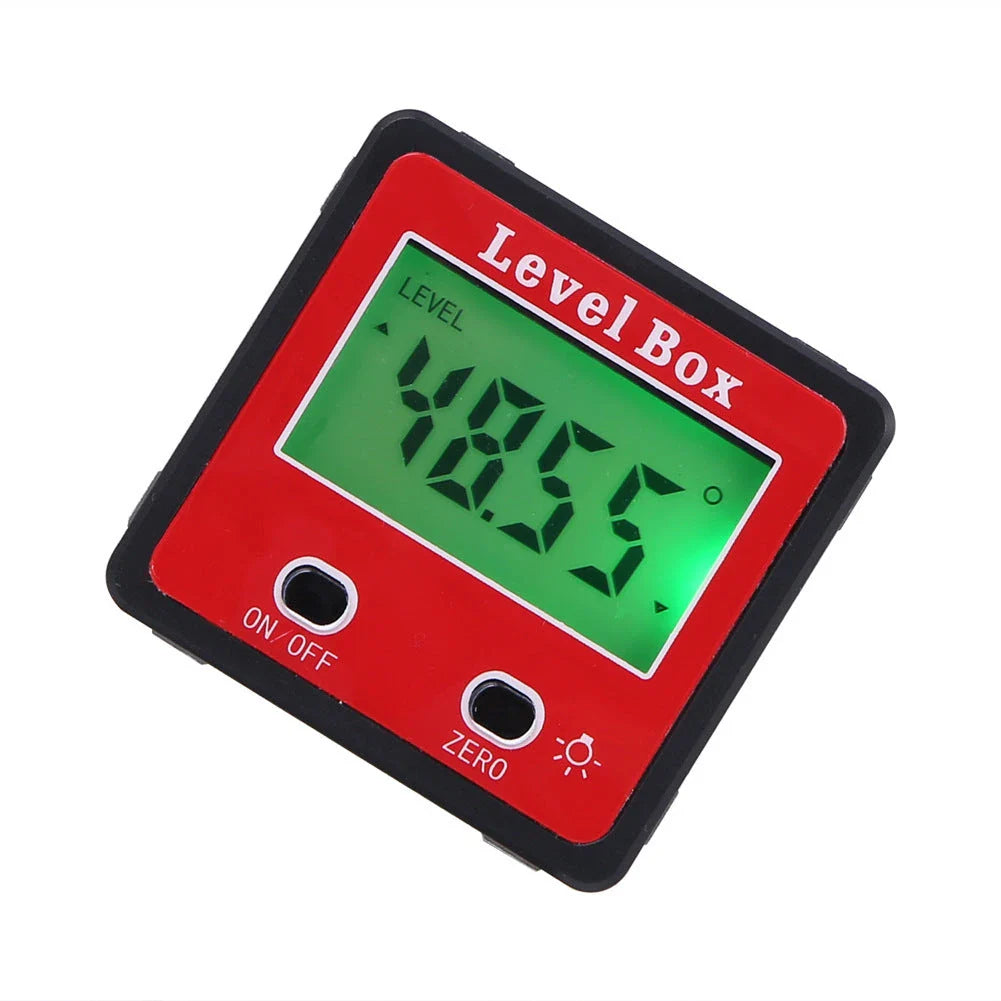 Digital angle finder with large LCD display, magnetic base, and compact, lightweight design for woodworking, construction, and other industries