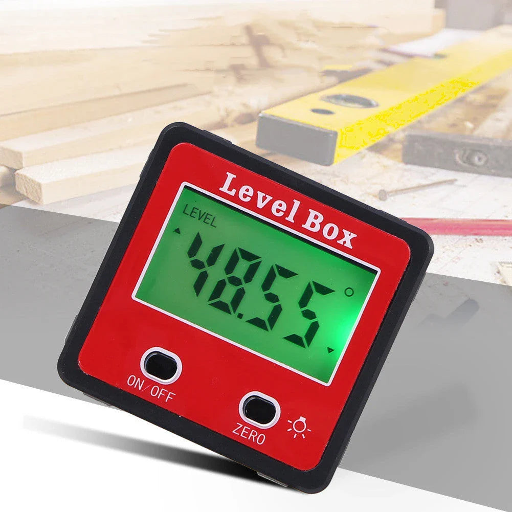 Digital angle finder with large LCD display, magnetic base, and compact, lightweight design for woodworking, construction, and other industries