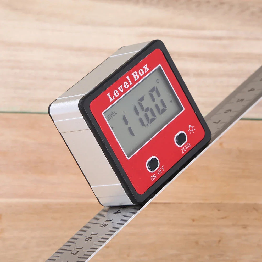 Digital angle finder with large LCD display, magnetic base, and compact, lightweight design for woodworking, construction, and other industries